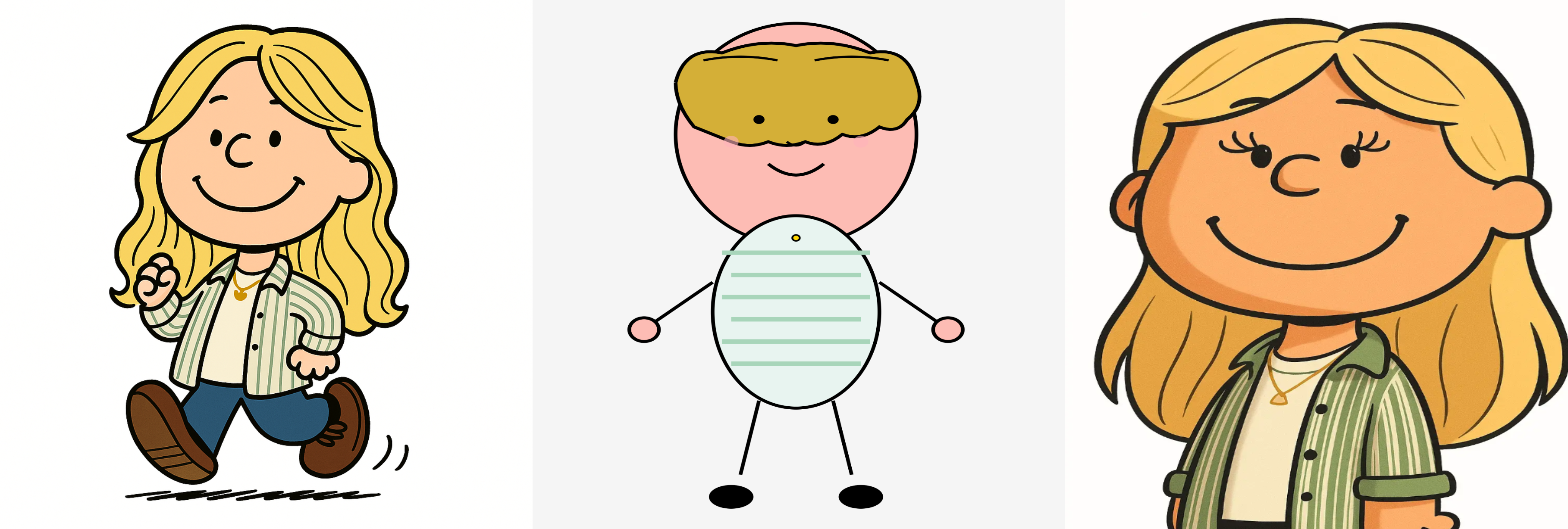 Three different images of a Peanuts version of a blonde girl, with one in the middle not looking correct