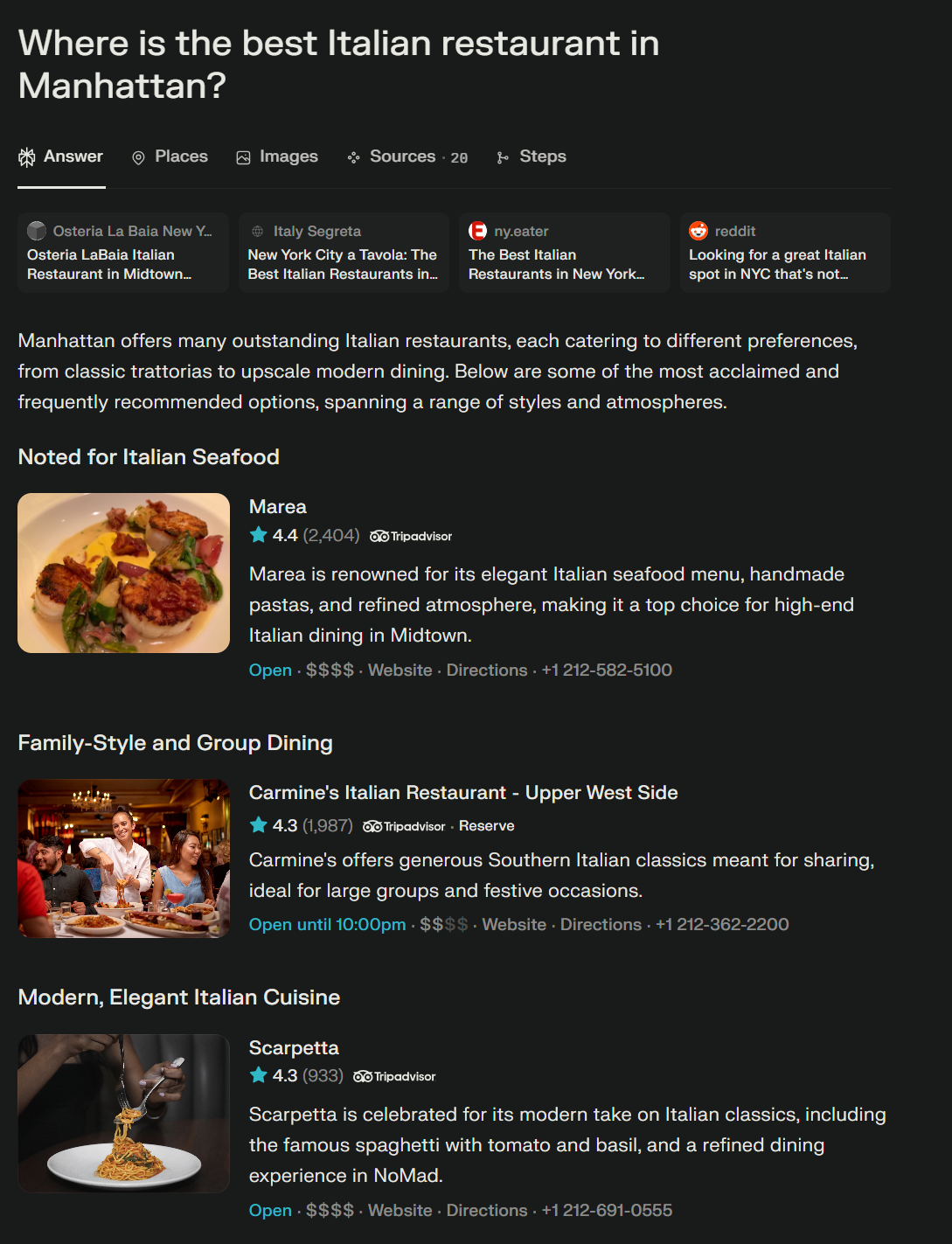 Perplexity's response to a query about Italian restaurants