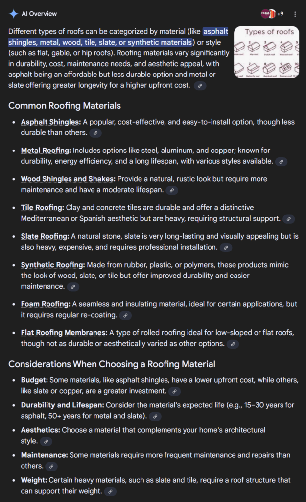 AI Overview result for a query about roofing materials