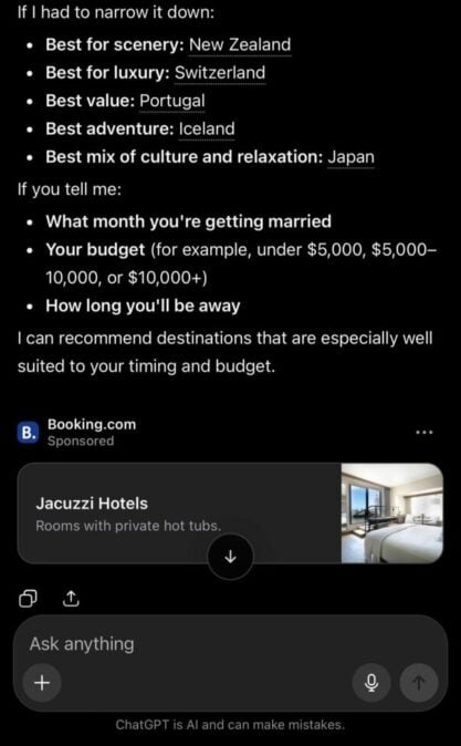 Booking.com ad showing up at the bottom of a travel query