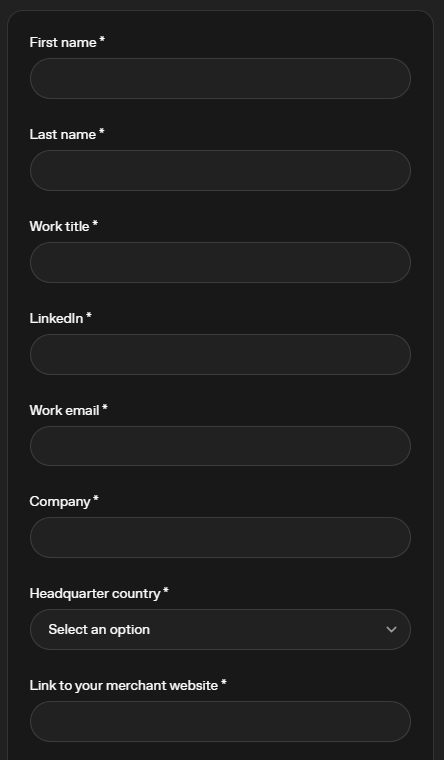 Merchant application form for selling through Instant Checkout