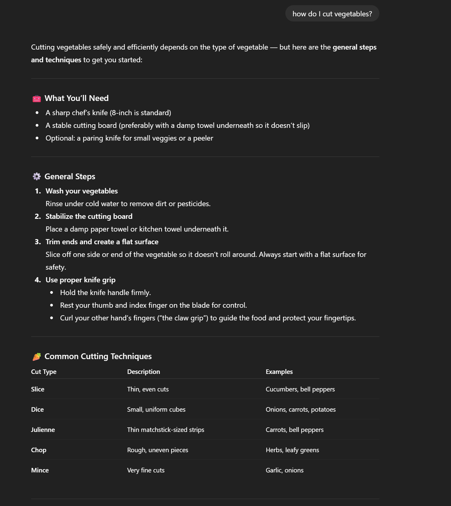ChatGPT results for a query about cutting vegetables