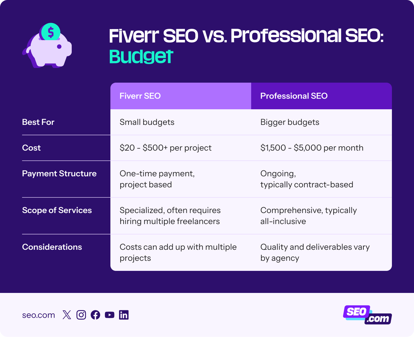 Budget comparison between Fivver and professional SEO services