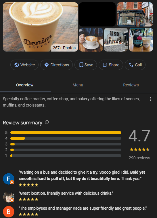 Reviews for a local coffee shop