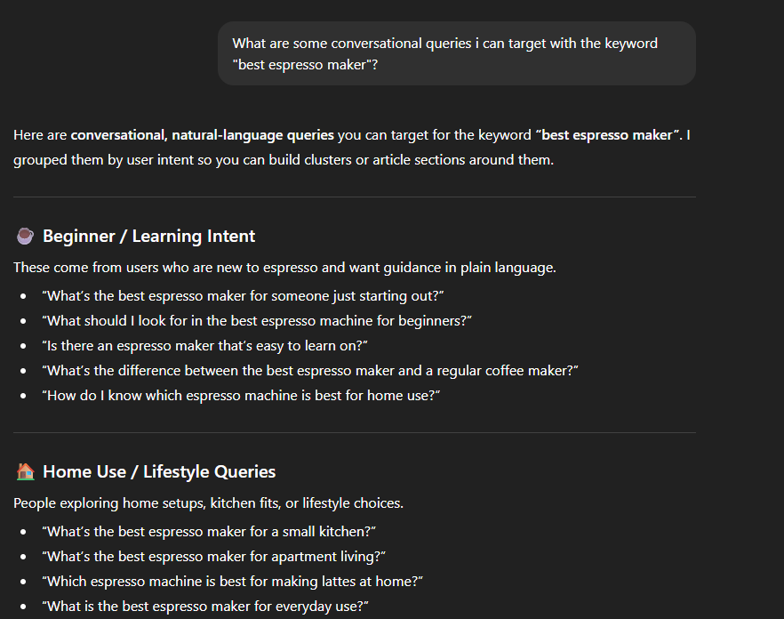 ChatGPT results for searching a query related to "best espresso maker"