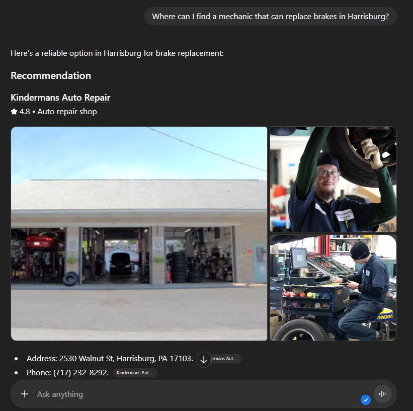 ChatGPT showing a listing for a local mechanic