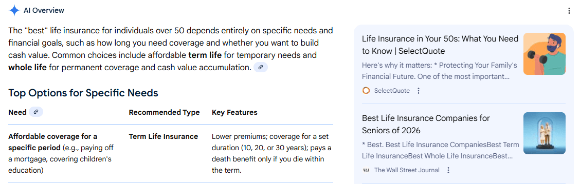 AI Overview example for a life insurance search query