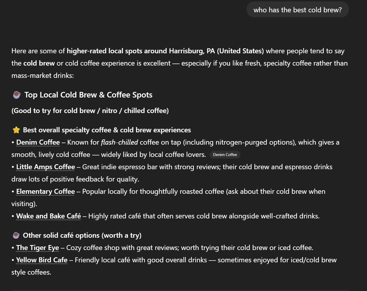 ChatGPT results showing coffee shops mentioned in the response