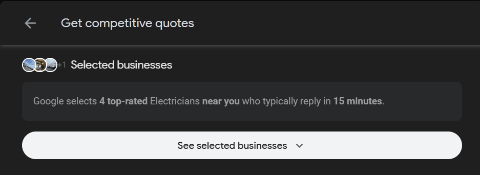 Google note about businesses pulled for Competitive Quotes