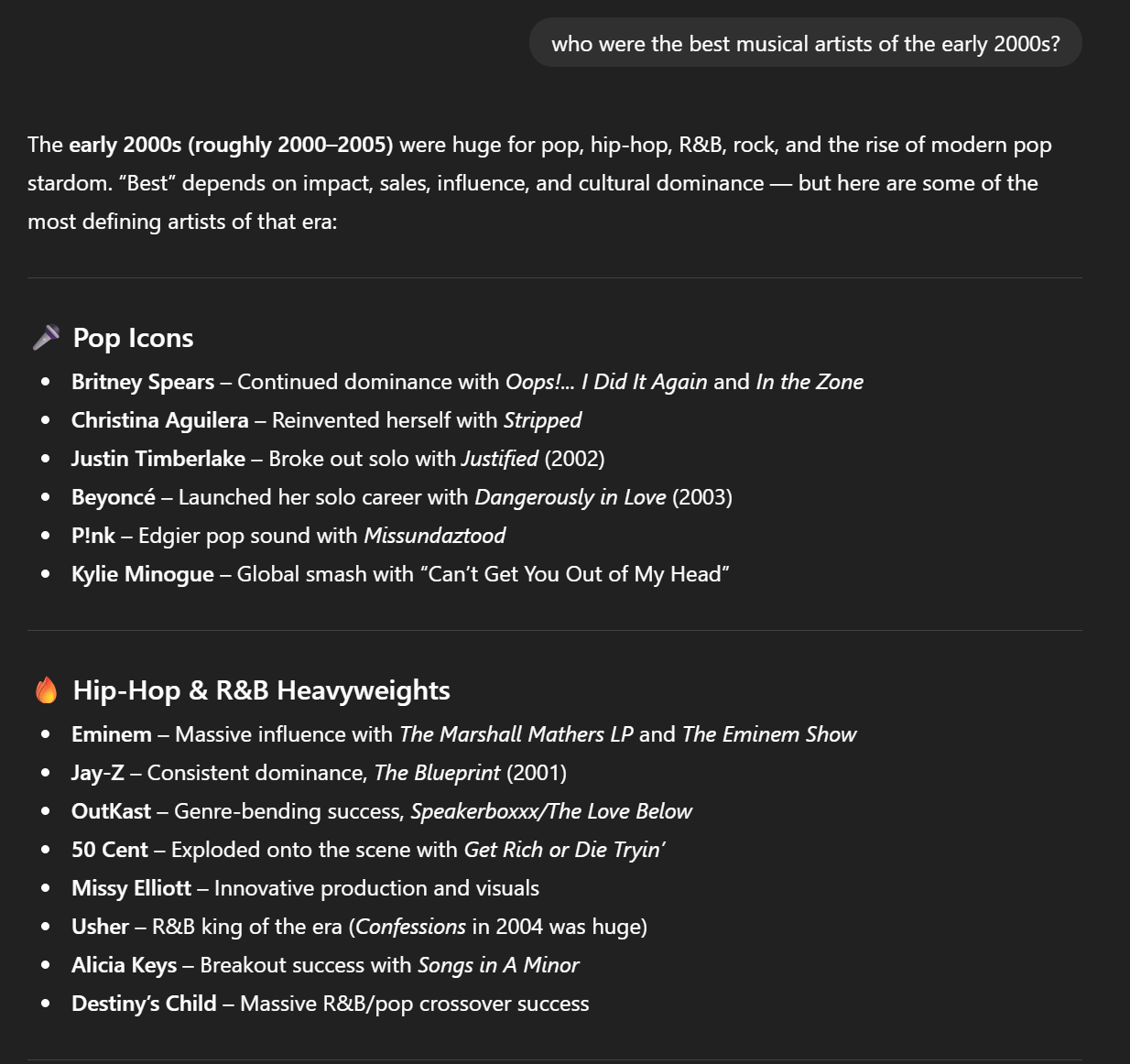 Query about the top musical artists of the early 2000s on ChatGPT