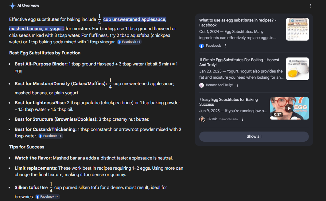 Google AI Overview answering a query about egg substitutions