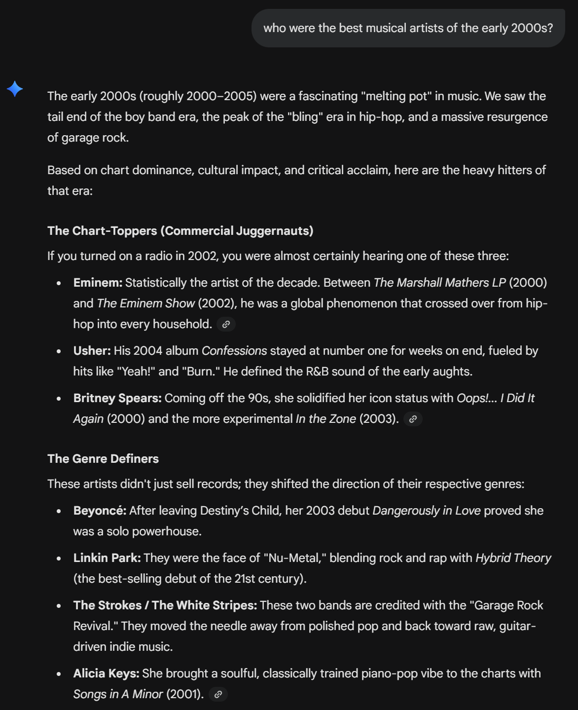 Query about the top musical artists of the early 2000s on Gemini