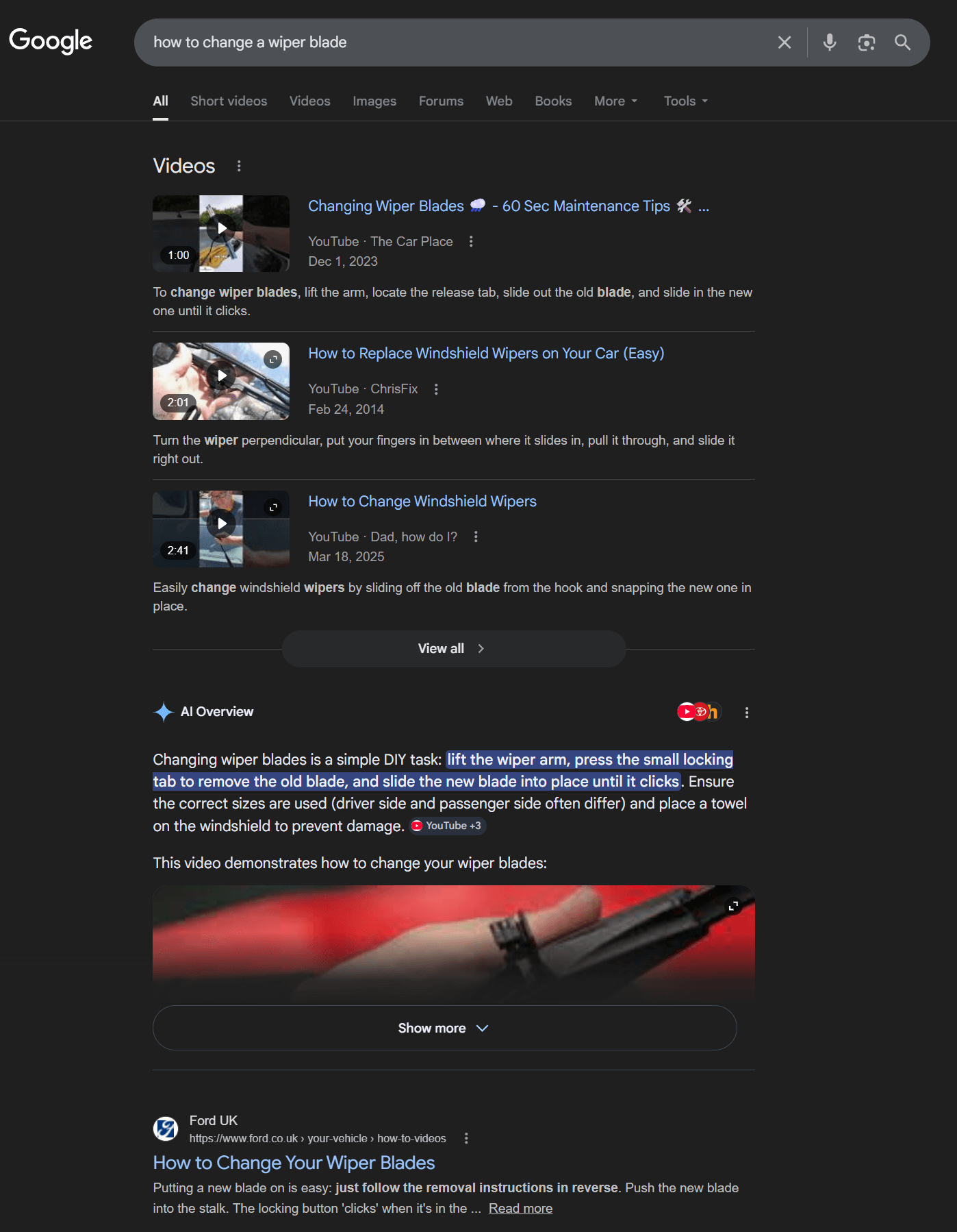 Google search results for how to to change wiper blades