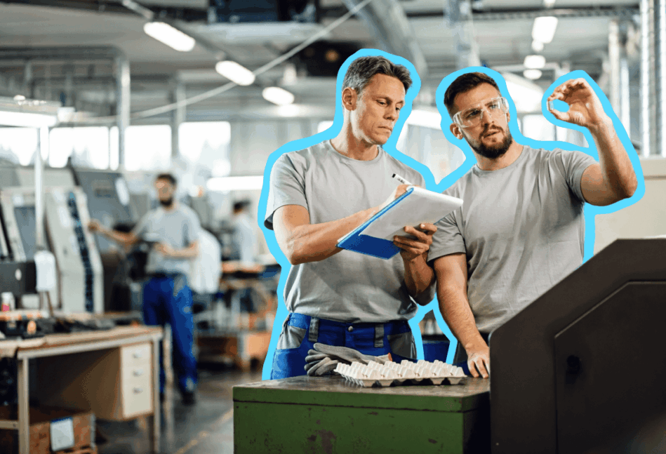 Deux ouvriers en train de discuter dans une usine de fabrication