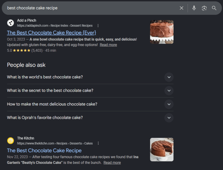 Example search results of chocolate cake recipes