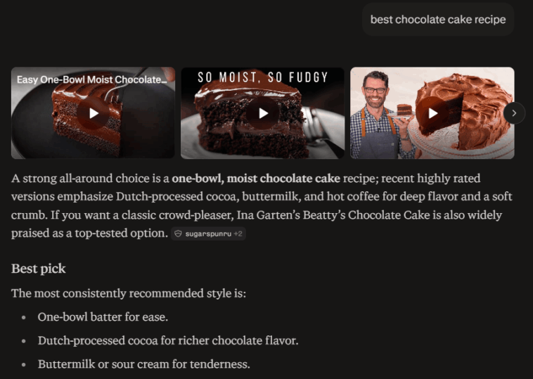 Searching for a chocolate cake recipe on Perplexity