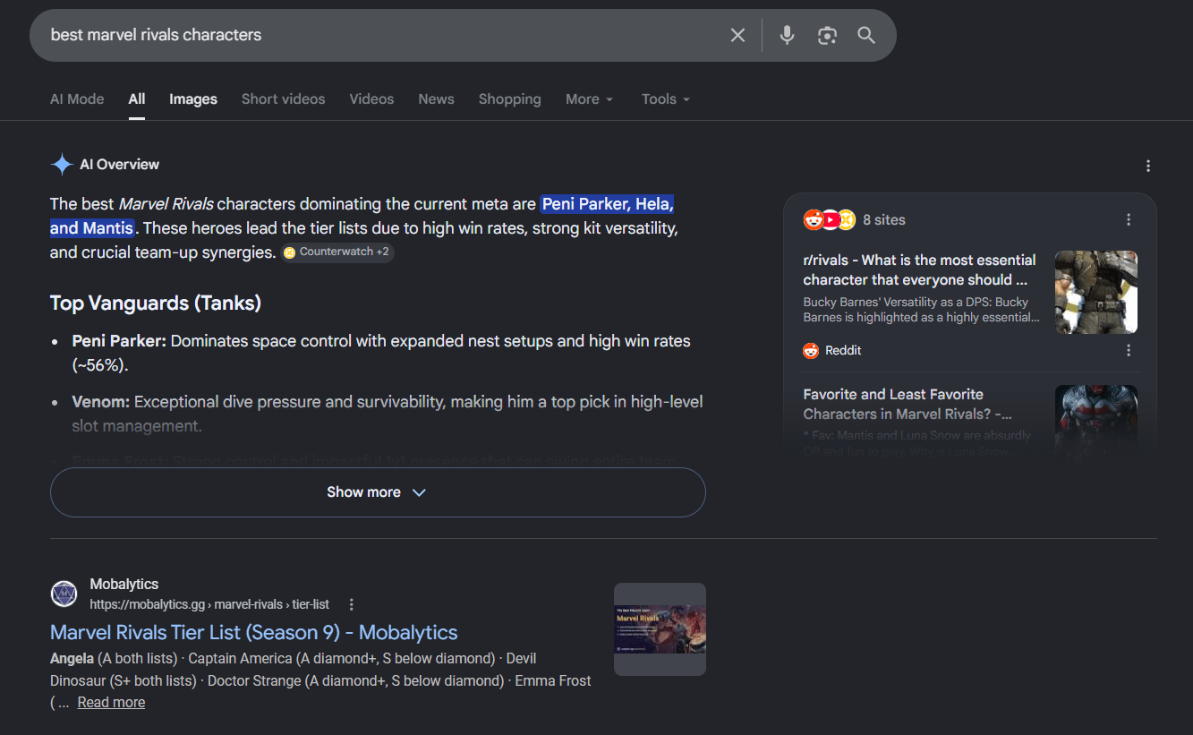 Current search results features