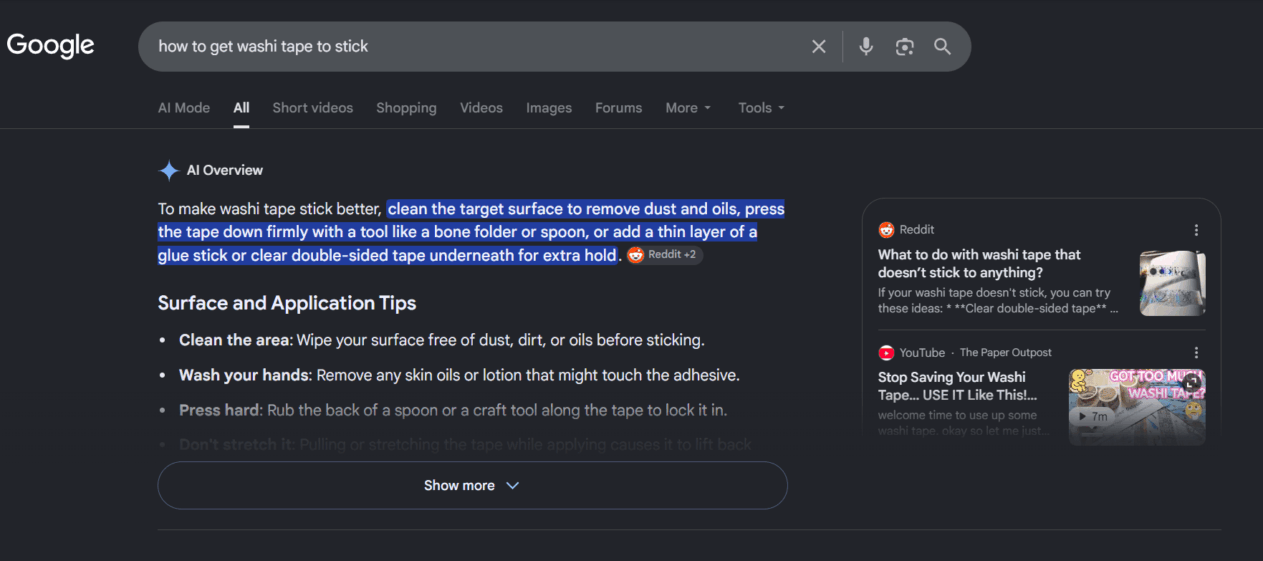 Google AI Overviews showing for a query about washi tape