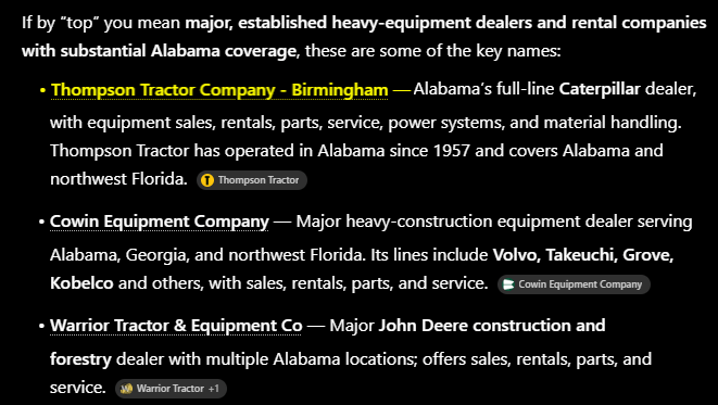 Thompson Tractor showing up for "top heavy equipmnent companies in Alabama"